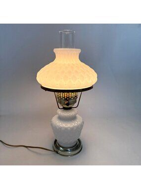 Vintage Diamond Quilted White Milk Glass Hurricane Lamp 16.5" Tall Electric Test